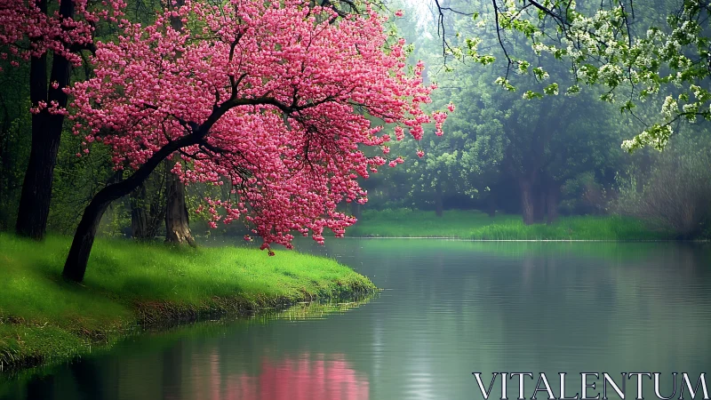 Pink flowering tree arches over calm reflective lakeside