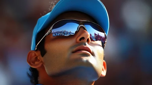 Sunlit fan in mirrored shades soaking up stadium buzz.