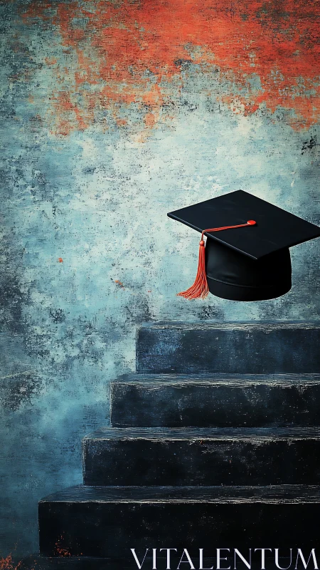 Graduation cap poised above textured blue stone steps.