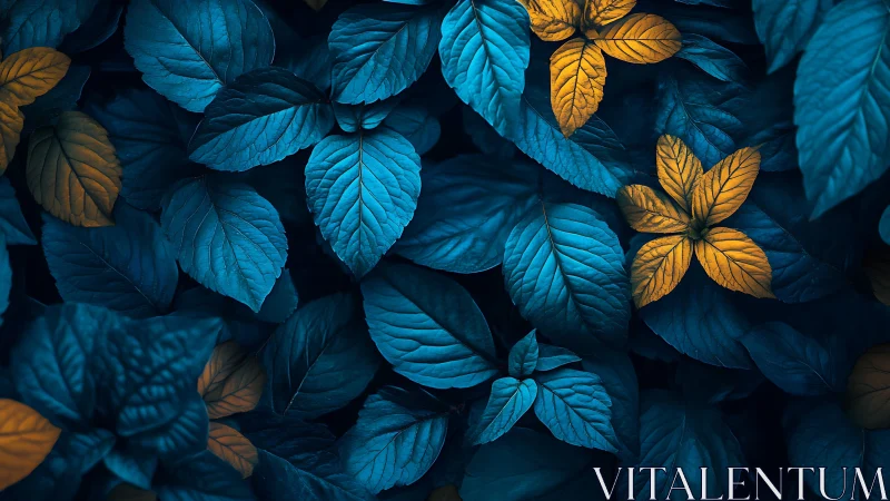 Blue foliage contrasts sharply with glowing golden leaves.