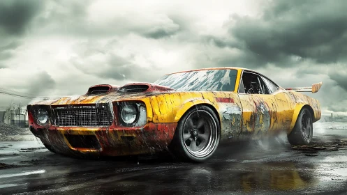 Weathered muscle car roars across stormy industrial streets