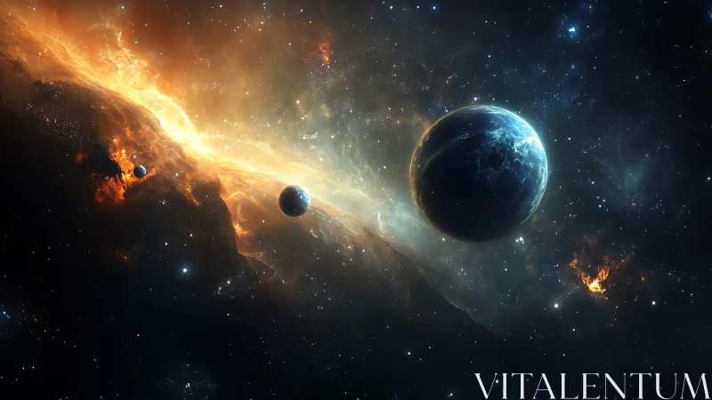 Planetary alignment drifts along a blazing stellar rift.