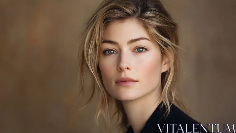 Softly lit portrait of woman against warm blurred backdrop.