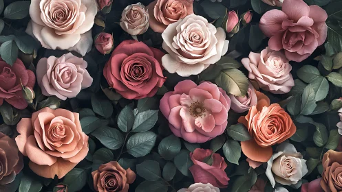 Floral arrangement with roses in earth tones and dark foliage