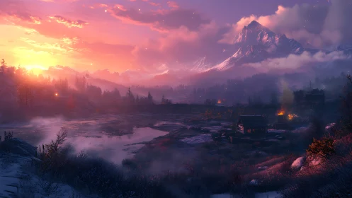 Mountain valley settlement under pink and orange sky.