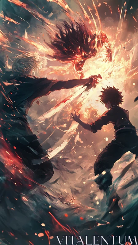 Two anime warriors unleash blazing power in a fiery clash
