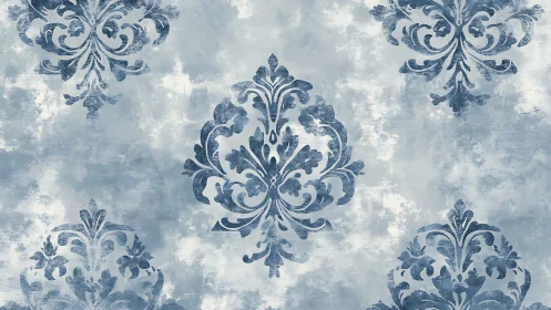 Distressed blue damask motif with repetitive ornamental symmetry.
