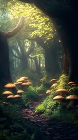 Forest pathway with mushrooms, golden foliage, atmospheric woodland scene