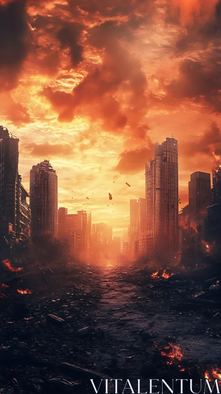 Urban street corridor with fire-damaged high-rise ruins.