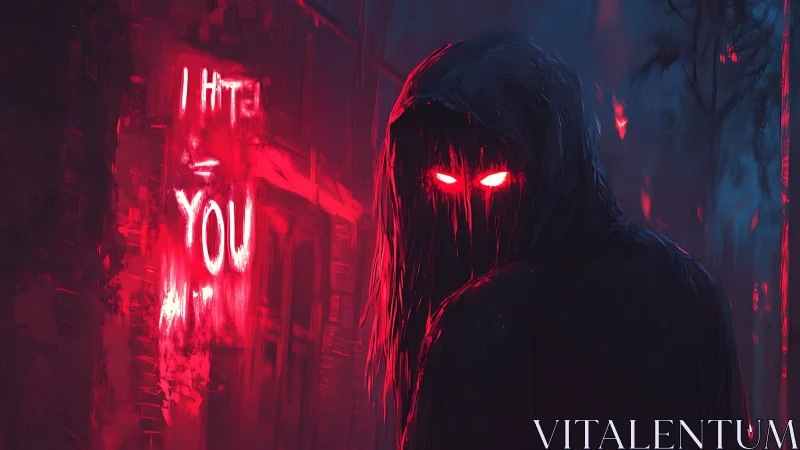 Hooded red eyed figure in dark alley with hate graffiti.