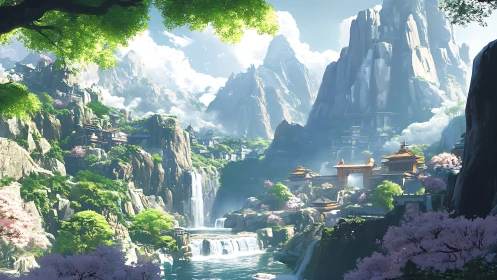 Mystic mountain temples above cascading waterfalls in spring.