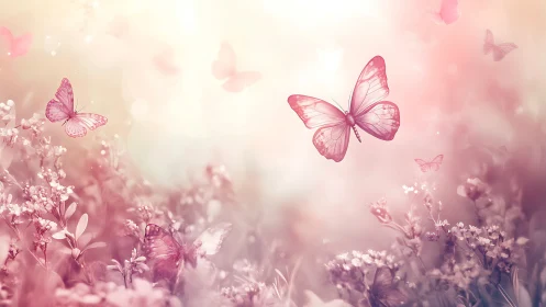Pastel butterflies drifting over soft spring meadow.