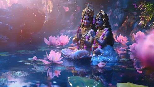 Divine couple in luminous lotus pond at twilight reverie.