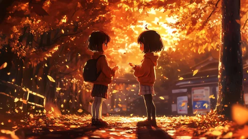 Two young friends share a quiet golden moment in autumn.