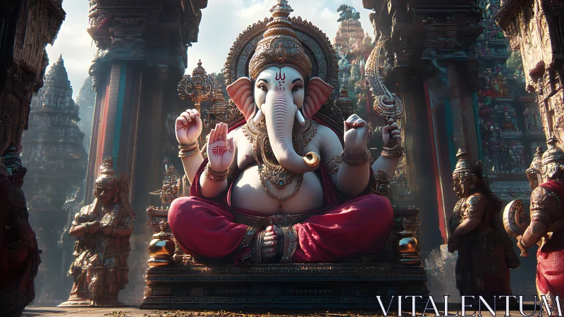 Elephant-headed deity statue sits centered in ornate temple courtyard