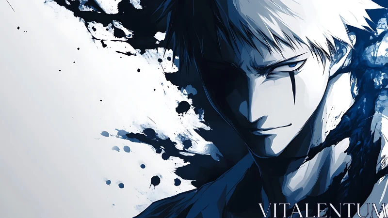 Stoic anime warrior in blue ink-splatter portrait.