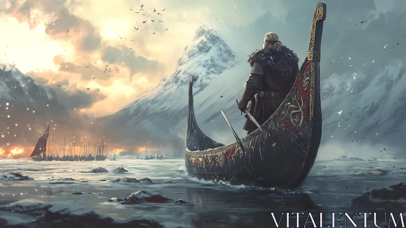 Viking warrior on carved longship before burning fjord raid.