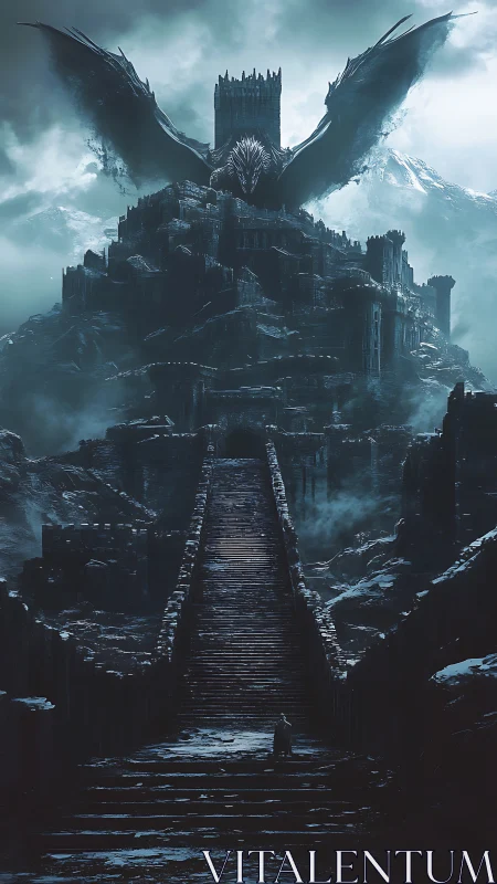 Dark dragon citadel above towering frozen mountain stairway.