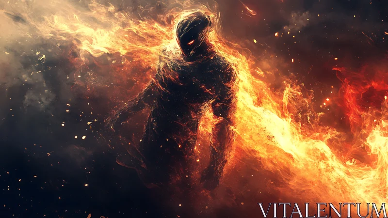 Fiery spirit walking through a storm of swirling embers.