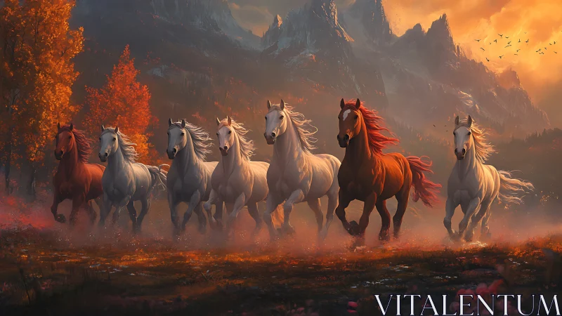 Galloping stallions in autumn valley under fiery sunset sky.