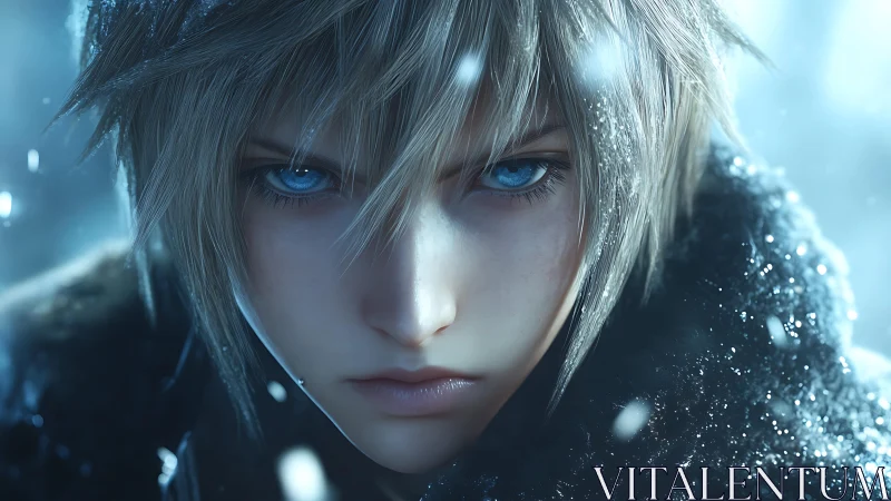 Frost-eyed wanderer beneath a storm of silent snowflakes.