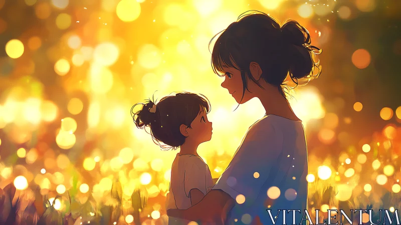 Backlit anime mother and child rendered in warm bokeh light