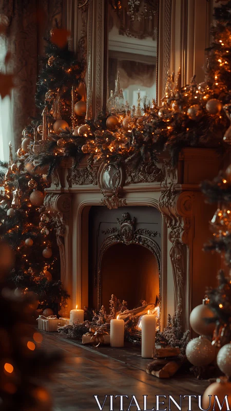 Ornate fireplace with warm golden Christmas decor.