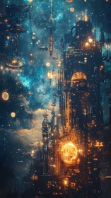 Futuristic space city with glowing orange technological cores.