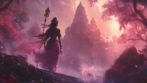 Warrior goddess walking toward a sunlit pink temple.