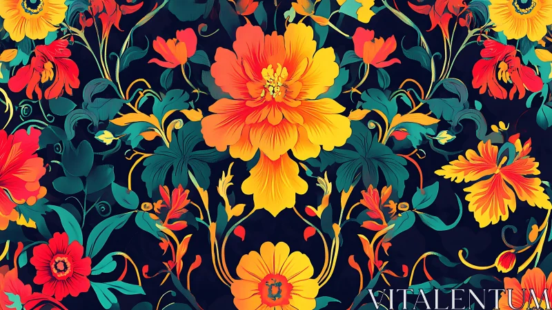 Vibrant floral pattern explodes over deep midnight ground.
