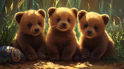 Three bear cubs sit in grass beside discarded metal can