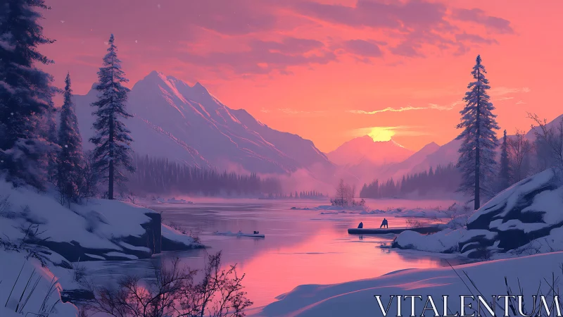 Snowlit river hush under neon-pink mountain sunrise glow.