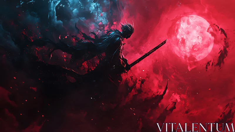 Sword-wielding figure framed by red moon and dark clouds.