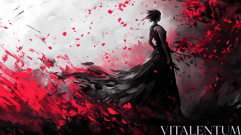 Silhouetted figure in flowing black dress amid red vortex field