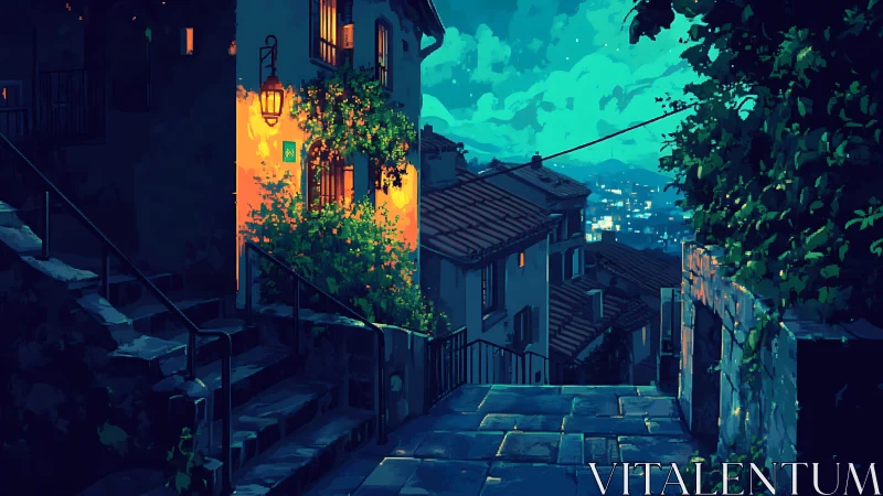 Lanternlit hillside alley watching a turquoise dreaming city.