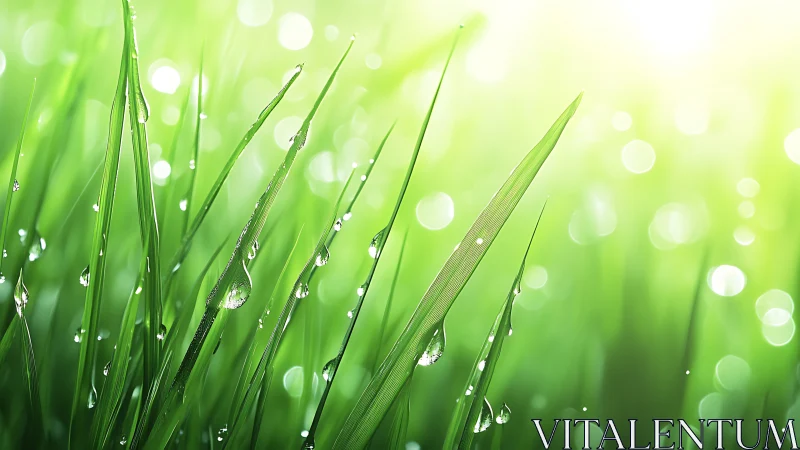 Morning dew glistens on fresh green grass blades in light.