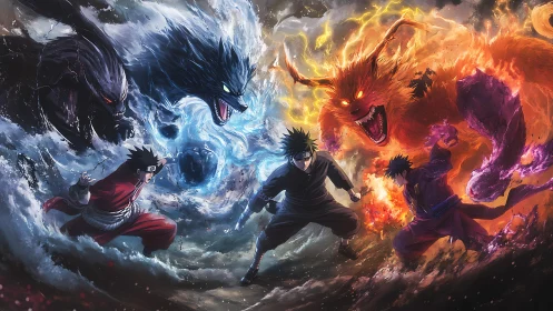 Elemental confrontation with tailed beasts and ninja figures.