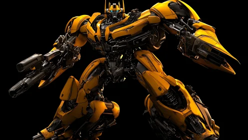 Yellow armored combat robot rendered on black background.