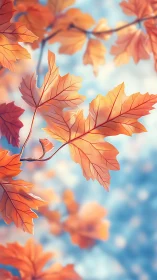 Orange autumn maple leaves against soft blue bokeh sky