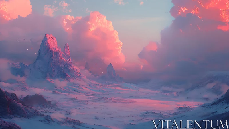 Spectral glacial valley under volumetric rose-cloud scattering.