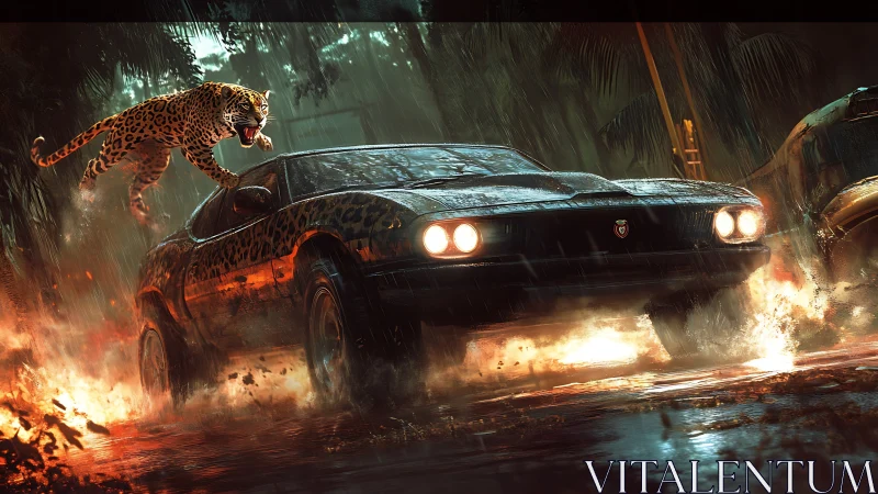 High-Performance Sedan Under Predatory Attack in Rain, Render.