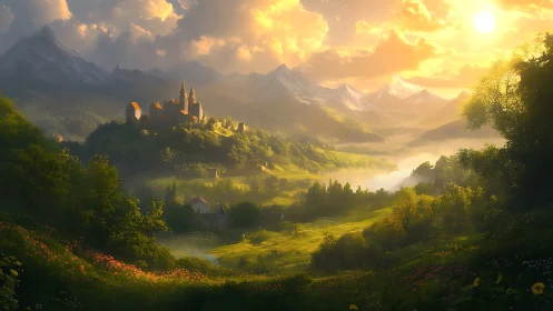 Castle on forested hill at sunset over river valley.