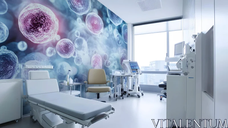Modern medical clinic room with scientific cell mural artwork.
