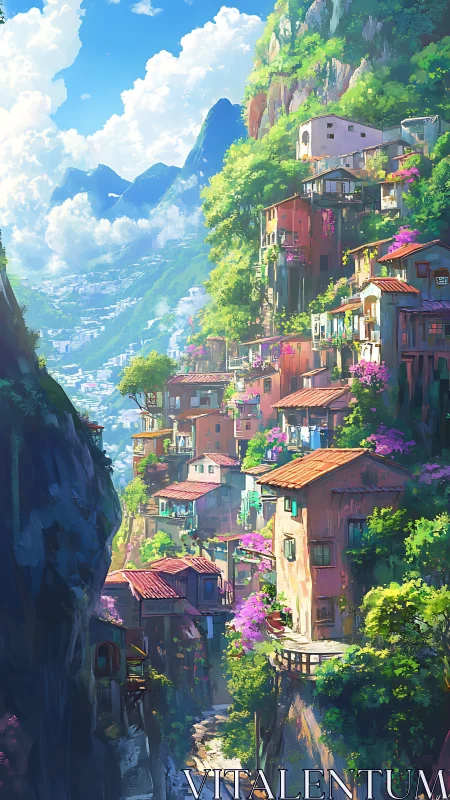 Terraced hillside dwellings occupy a steep mountain gorge