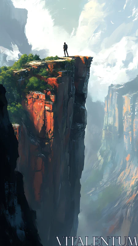Lone traveler stands on a sunlit cliff above misty canyon.