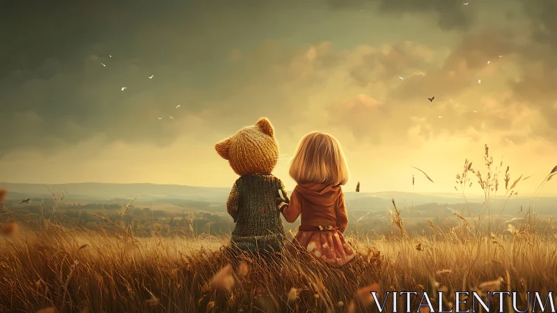 Child and Teddy Bear Silhouetted Against Golden Hour Landscape.