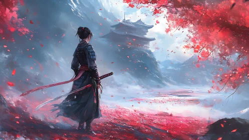 Samurai’s quiet path beneath crimson autumn leaves.