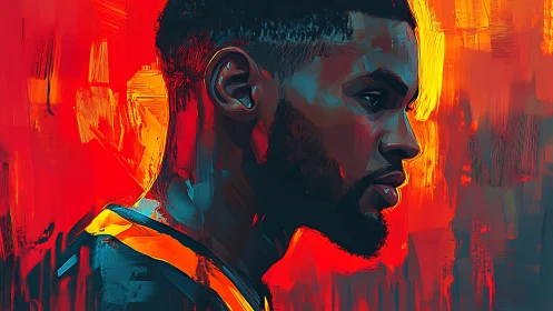 Profile portrait against vibrant red abstract background.