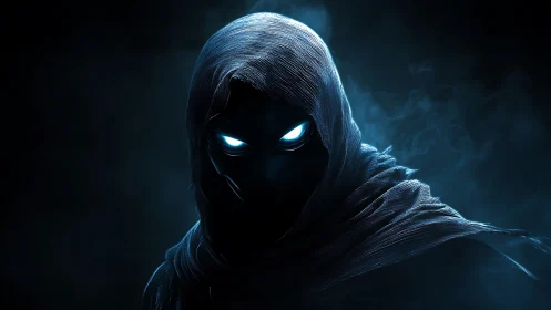 Hooded shadow figure with glowing blue eyes dominates frame
