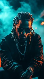 Cinematic neon portrait of braided man in teal orange haze